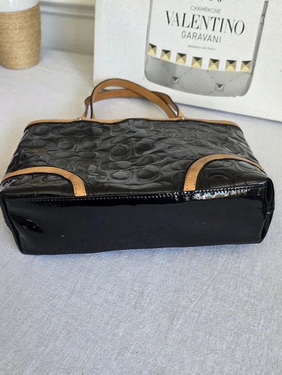 Coach Peyton Small Black Patent Leather Tote with Tan Leather Trim - Picture 8 of 9